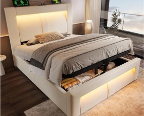 Łóżko tapicerowane ze schowkiem 90x200cm - z oświetleniem LED - z portami USB i Type-C - welur - Beżowy​ (bez materaca)