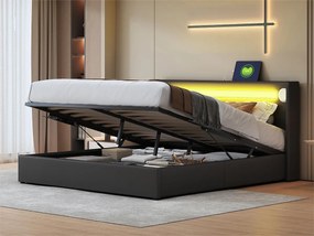 Łóżko z tapicerowanym zagłówkiem z ekoskóry 160x200cm z LED, odtwarzaczem Bluetooth i portami USB - z stelażem na listwach - Czarne