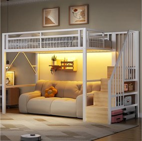 Łóżko piętrowe dla dzieci - 90 x 200 cm - rama żeliwna - z diodami LED + drabinka ze schowkiem - metalowe - białe