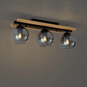 Nowoczesna lampa sufitowa czarna z drewnem i przydymionym szkłem 3-źródła światła - Aleks