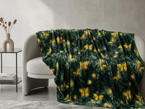 Mikropluszowy koc YELLOW BUTTERFLY, ciemnozielony Rozmiar: 160 x 200 cm