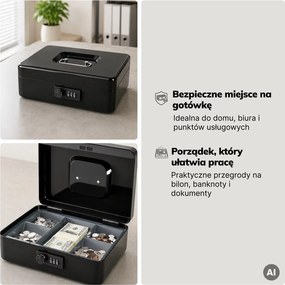 Kasetka na pieniądze z szyfrem i wyjmowaną tacką na bilon i banknoty Gregory