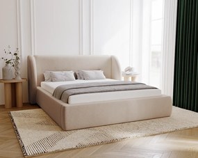 Emporius Barcelona łóżko z zaokrąglonym zagłówkiem - łóżko tapicerowane 140x200, pojemnik i stelaż - nowoczesny styl, tkanina aksamitna, beżowy (Komodo 11)