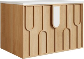 Wiszaca teksturowana szafka podumywalkowa z blatem ze spiekanego kamienia - Jasny naturalny - szer. 75 cm - MERKAN