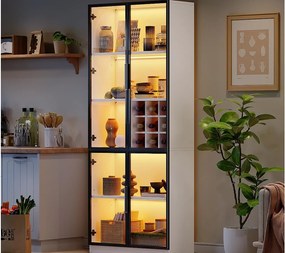 Witryna 80x35x200 cm - z oświetleniem LED - z przechowywaniem wina - 2 szklane drzwi - Biały