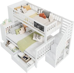 Łóżko piętrowe 90x200cm + 140x200cm z drewna - z 2 szufladami, biblioteczką i schodami do przechowywania - Białe