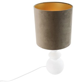 Designerska lampa stołowa biała z abażurem z weluru w kolorze taupe ze złotem 25 cm - AlisiaDesignerski Oswietlenie wewnetrzne