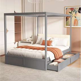 Łóżko z baldachimem 140 x 200 cm z tapicerowanym wezgłowiem i 2 szufladami - Drewno lite + sklejka + MDF - Szare