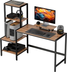 HOMCOM Biurko komputerowe z podwyższeniem monitora, 4-poziomowymi półkami, design industrialny, Brązowe
