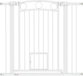 PawHut Brama dla Zwierząt Domowych, 96 cm Barierka na Schody, Regulowana Szerokość 76-104 cm, z Drzwiczkami dla Kota, na Schody i Przejścia Drzwiowe, Biały