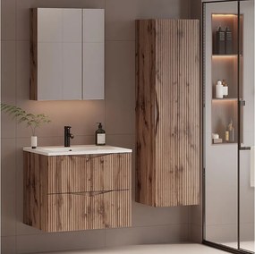 Zestaw do Łazienki 60cm Szafka z Umywalką Słupek Ryflowane Fronty Dąb Wotan Cleo