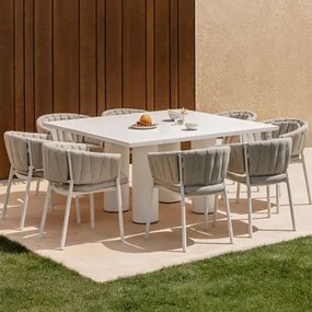 Zestaw Kwadratowy Stół 150x150 Cm Z Cementu Lisboa I 8 Krzeseł Ogrodowych Z Aluminium I Tkaniny Roderise Tkaniny Piaskowy Brąz - Sklum