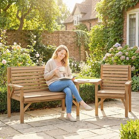Outsunny Zestaw 3 krzeseł ogrodowych, meble balkonowe z otworem na parasol, krzesło ogrodowe, ławka, odłączany stolik 121x65x90 cm naturalne drewno | Aosom PL