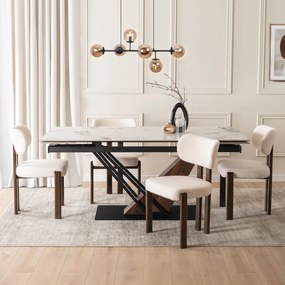 Zestaw Stół Rozkładany Ceramiczny REX 2 180-240 cm Biały Marmur/Orzech i 4 Krzesła Tapicerowane GRENADA Kremowe Nowoczesne