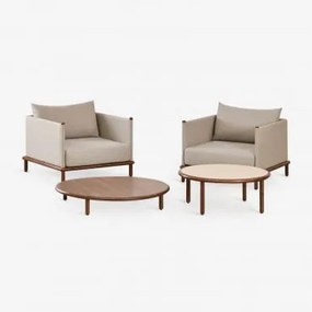 Zestaw Do Salonu Z 2 Fotelami I 2 Okrągłymi Stolikami Kawowymi Z Drewna Akacjowego Olivia Ciemny Akacjowy Brąz - Kremowa Semoline - Sklum