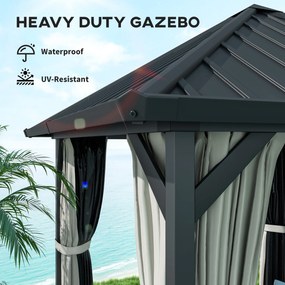 Outsunny 3 x 3 m Pawilon z Twardym Dachem, Ogrodowy Pawilon z Metalowym Dachem, Wodoodporne Namiot Ogrodowe z Siatką i Bocznymi Ścianami, Ciemnoszary