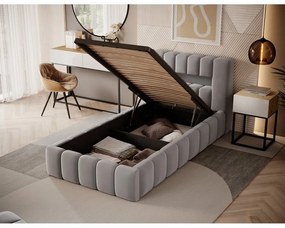Szare tapicerowane łóżko jednoosobowe ze schowkiem ze stelażem 90x200 cm Lamica – ELTAP