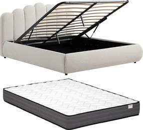 Łóżko ze skrzynią 180 x 200 cm – Tkanina teksturowana – Beżowy + Materac – SILVATORA