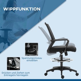 Vinsetto Krzesło biurowe, regulowane krzesło biurkowe z podnóżkiem, oparcie z siatki, na kółkach, tworzywo sztuczne, Czarne