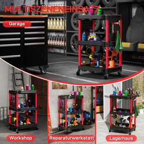 HOMCOM Wózek narzędziowy, trzy poziomy półek, 4 koła, plastik, 10 haków, Czerwony