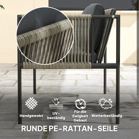 Outsunny 4-elementowy zestaw mebli ogrodowych: 1 sofa, 2 fotele, 1 stolik z blatem szklanym, poduszki, stelaż stalowy, rattan syntetyczny, Szary
