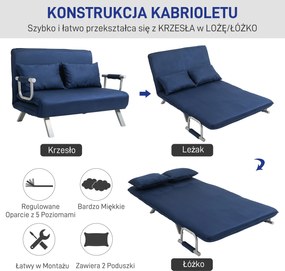 HOMCOM Sofa do Spania, 5-stopniowa Regulacja, Imitacja Zamszu, Rama Metalowa, w zestawie Poduszki, Granatowa