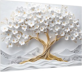 Obraz na szkle – Eleganckie drzewo życia 3D pełne kwiatów (70x50 cm)