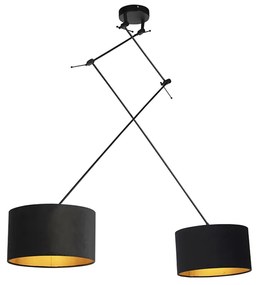 Lampa wisząca czarna z czarnymi i złotymi abażurami z weluru 35 cm 2-światłowa - Blitz Nowoczesny Oswietlenie wewnetrzne