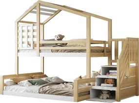 Łóżko piętrowe 90x200cm + 140x200cm z litego drewna - z barierkami i schodami do przechowywania - Białe i Naturalne