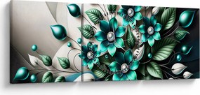 Obraz - 3D turkusowe kwiaty (z zegarem) (90x30 cm)