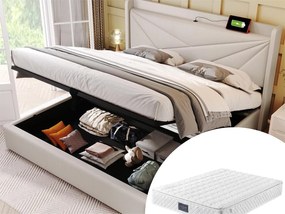 Łóżko ze schowkiem 140 x 200 cm - USB i typ C - tkanina lniana - stelaż listwowy - beż + materac