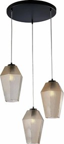 Lampa wisząca Prisma z czarnego lakierowanego żelaza, regulowane kable, klosze z bursztynowego szkła dmuchanego z dekoracją tłoczoną, 3 światła