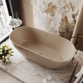 Wanna wolnostojąca owalna z konglomeratu 160 x 75 cm RONA Grey mat / połysk przelew typu SLIM cienki rant : Kolor wanny - Beż połysk