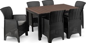 Zestaw Mebli Ogrodowych Stół ARGOS 140-180 cm Orzech/Czarny i 4x Fotel FRESNO Czarny Technorattan Nowoczesny
