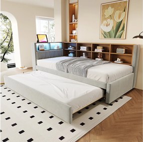 Sofa rozkładana 90 x 200 cm z łóżkiem wysuwanym 90 x 190 cm - z diodami LED + gniazdkami + półką - Flanela - jasnoszara