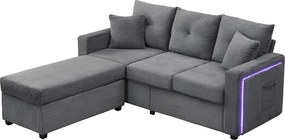 Sofa 3-osobowa, Narożnik z oświetleniem LED i podnóżkiem - ciemnoszary sztruks