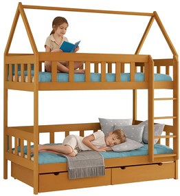 Piętrowe łóżko domek z drewna dla dwójki dzieci, olcha K1-R27