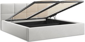 Jasnoszare aksamitne tapicerowane łóżko dwuosobowe ze schowkiem ze stelażem 140x200 cm Hiko – Makamii