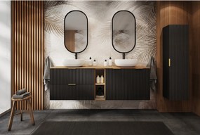 Szafka łazienkowa ryflowana FLOW 140 cm czarna z regałem i blatem dąb craft złoty