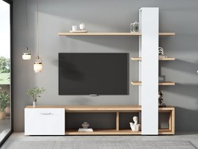 Ścienna szafka TV z przechowalnią - 3 przegrody i 3 półki - Biała i naturalna