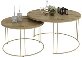Zestaw dwóch stolików kawowych z drucianym stelażem złoty + dąb artisan - Eksa 3X