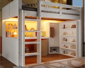 Łóżko na antresoli 140x200cm - z oświetleniem LED - z szafą + biurkiem - z 3 szufladami - z przegródkami do przechowywania - biały