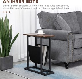 HOMCOM Stolik pomocniczy, stolik nocny, smukła konstrukcja, z kieszenią na materiały, stal, ciemnobrązowy+czarny, 49 x 19 x 55 cm