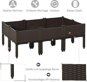 Outsunny podwyższona grządka 6-częściowa skrzynia na rośliny z otworami odpływowymi o wyglądzie rattanu kwietnik DIY kolor brązowy 40 x 40 x 44 cm