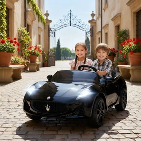 AIYAPLAY Maserati Elektryczny samochód dla dzieci, 2-miejscowy, zasilanie 12V, pilot, światła LED, funkcja muzyki, Czarny
