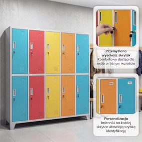 Szafa BHP ubraniowa 10-drzwiowa szaro-wielokolorowa: BARTEK 1360 x 1720 x 450 mm
