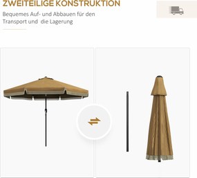 Outsunny Parasol z Ozdobnymi Frędzlami, Ø265 cm, Nachylany, Dwuczęściowy Metalowy Maszt, Wentylacja, Khaki/Czarny
