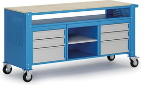 Mobilny stół warsztatowy G9, 2 półki, 6 szuflad, 1690 x 595 x 865-1130 mm, szary/niebieski