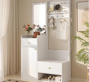 Zestaw wieszakowy do przedpokoju 105x38x180 cm - z lustrem - z regulowanymi hakami - 2 szuflady i 1 drzwi - Biały