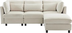 Nowoczesny narożnik 3-4-osobowy z poduszkami i pufą, beżowy len, do salonu lub mieszkania